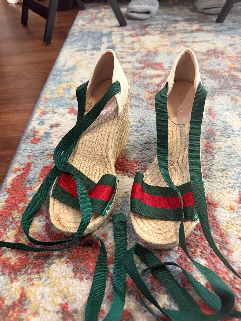Gucci Green and Red Striped Wedge Espadrilles